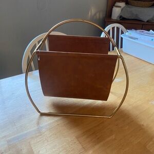 Brown Leather Magazine Holder with Gold Frame